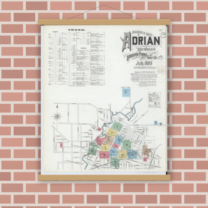Old map wall art mockup — magnetic wood frame on brick wall — Sanborn Fire Insurance Map from Adrian, Lenawee County, Michigan (1899), Sheet #0001