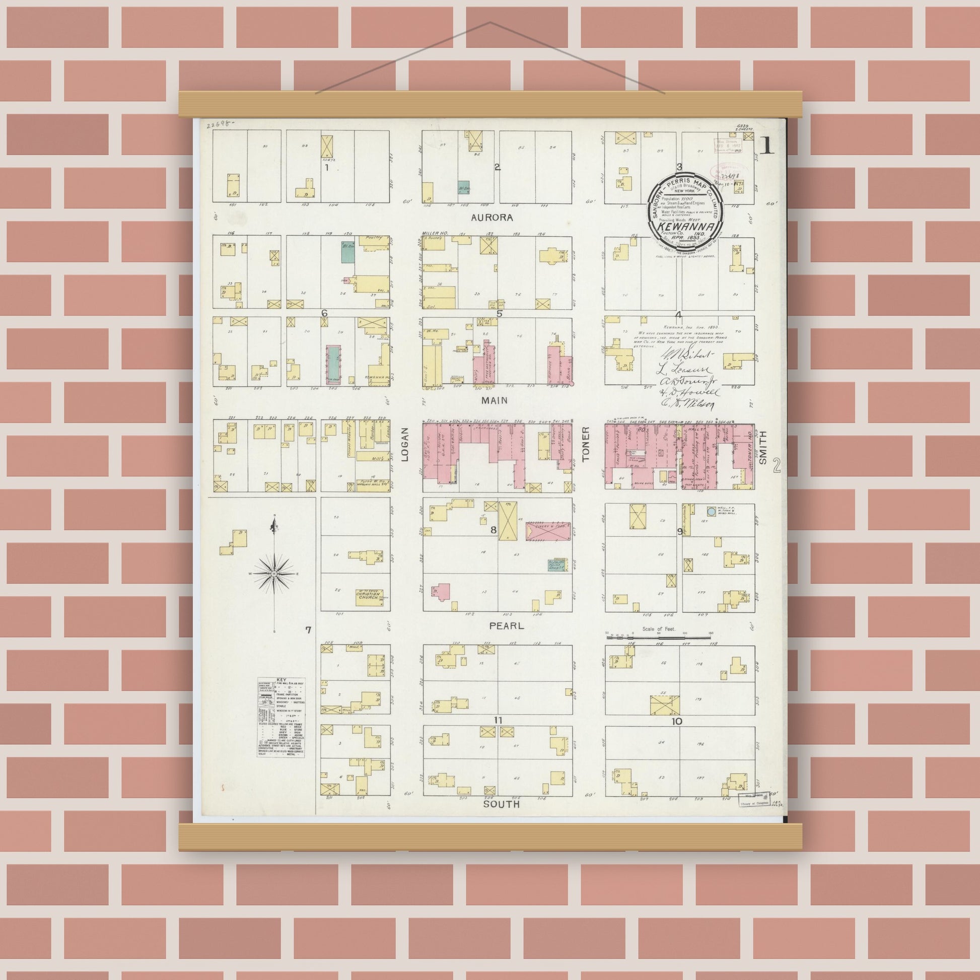 Old map wall art mockup — magnetic wood frame on brick wall — Sanborn Fire Insurance Map from Kewanna, Fulton County, Indiana (1893) - Complete Map Set