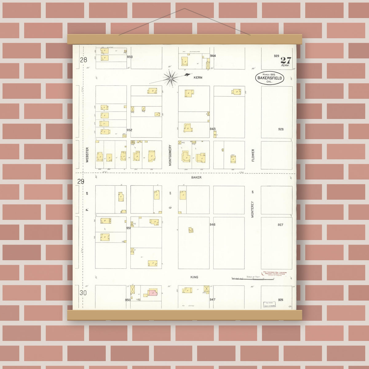 Old map wall art mockup — magnetic wood frame on brick wall — Sanborn Fire Insurance Map from Bakersfield, Kern County, California (1905), Sheet #0027