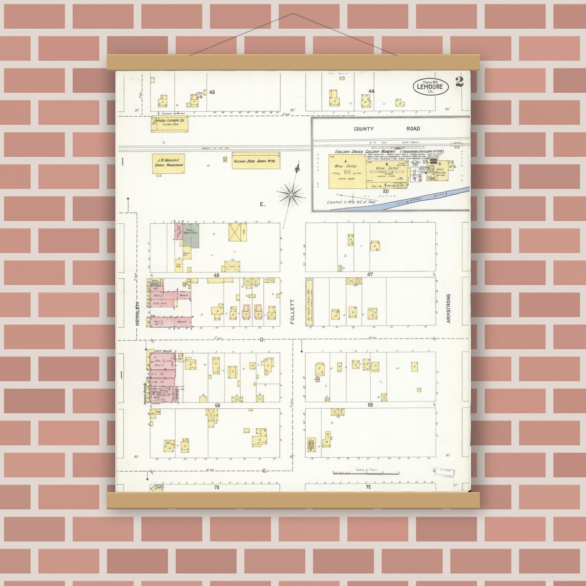 Old map wall art mockup — magnetic wood frame on brick wall — Sanborn Fire Insurance Map from Lemoore, Kings County, California (1905), Sheet #0002
