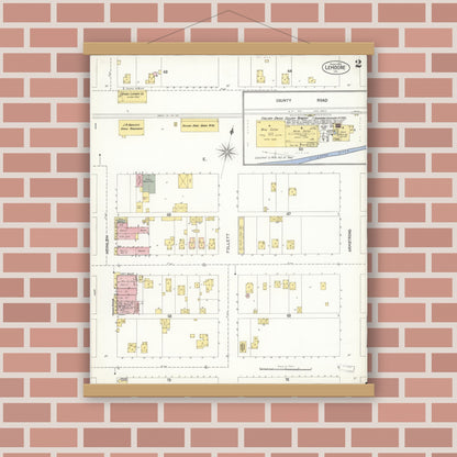 Old map wall art mockup — magnetic wood frame on brick wall — Sanborn Fire Insurance Map from Lemoore, Kings County, California (1905), Sheet #0002
