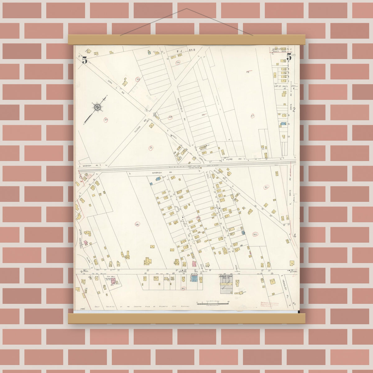 Old map wall art mockup — magnetic wood frame on brick wall — Sanborn Fire Insurance Map from Northfield, Atlantic County, New Jersey (1942), Sheet #0005