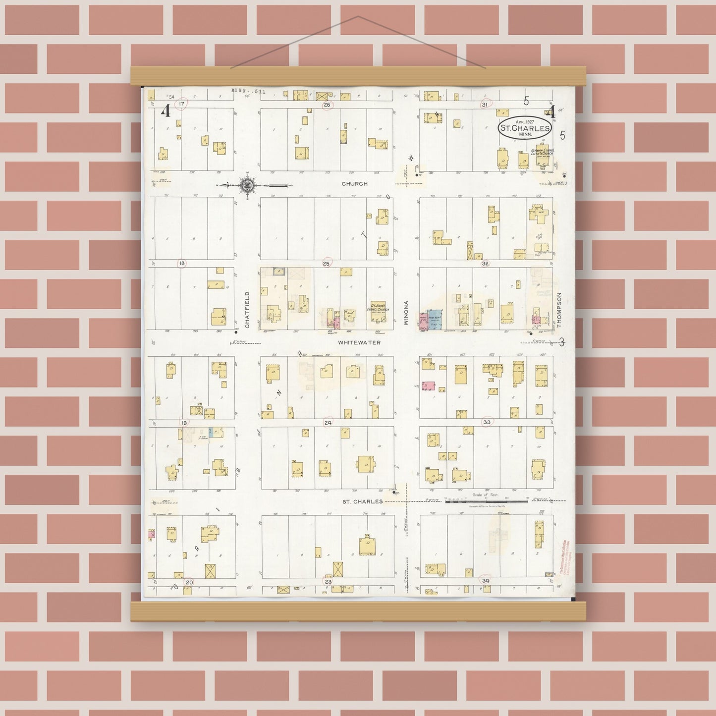 Old map wall art mockup — magnetic wood frame on brick wall — Sanborn Fire Insurance Map from Saint Charles, Winona County, Minnesota (1940), Sheet #0004