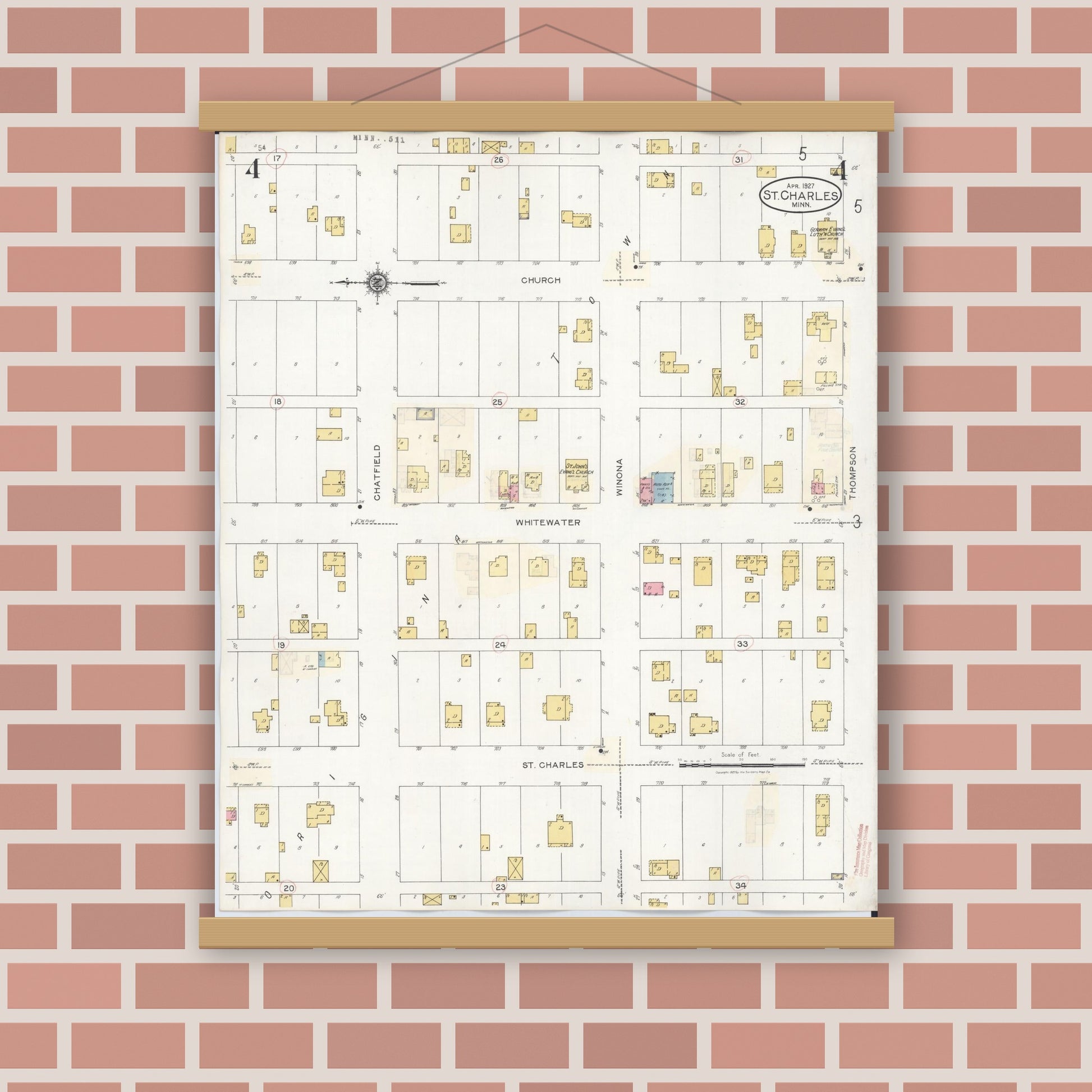 Old map wall art mockup — magnetic wood frame on brick wall — Sanborn Fire Insurance Map from Saint Charles, Winona County, Minnesota (1940), Sheet #0004