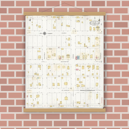 Old map wall art mockup — magnetic wood frame on brick wall — Sanborn Fire Insurance Map from Saint Charles, Winona County, Minnesota (1940), Sheet #0004