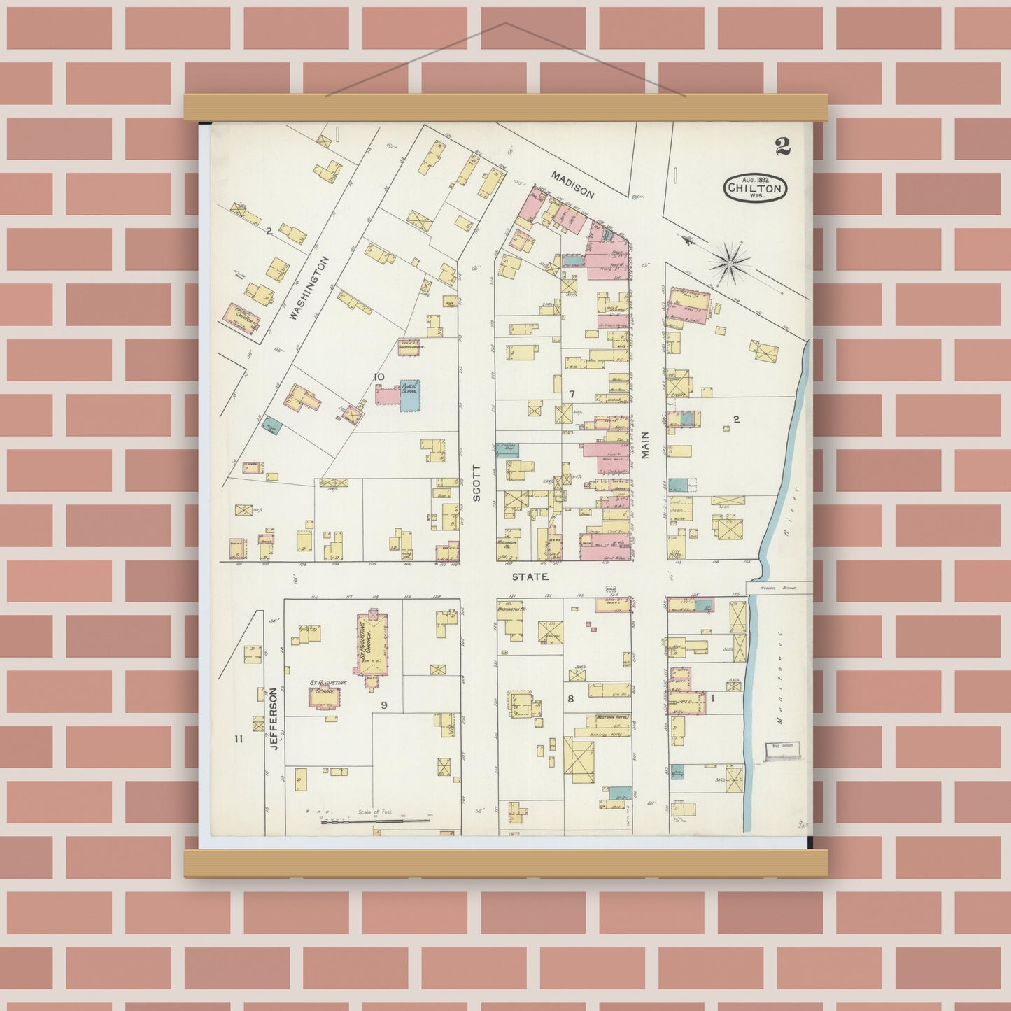 Old map wall art mockup — magnetic wood frame on brick wall — Sanborn Fire Insurance Map from Chilton, Calumet County, Wisconsin (1892), Sheet #0002