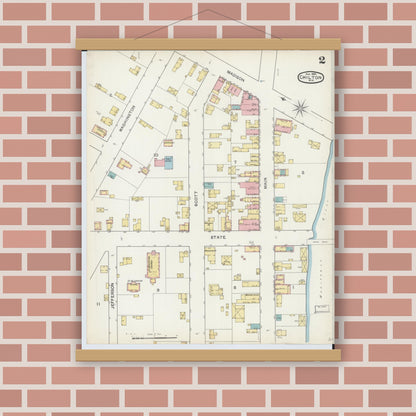 Old map wall art mockup — magnetic wood frame on brick wall — Sanborn Fire Insurance Map from Chilton, Calumet County, Wisconsin (1892), Sheet #0002