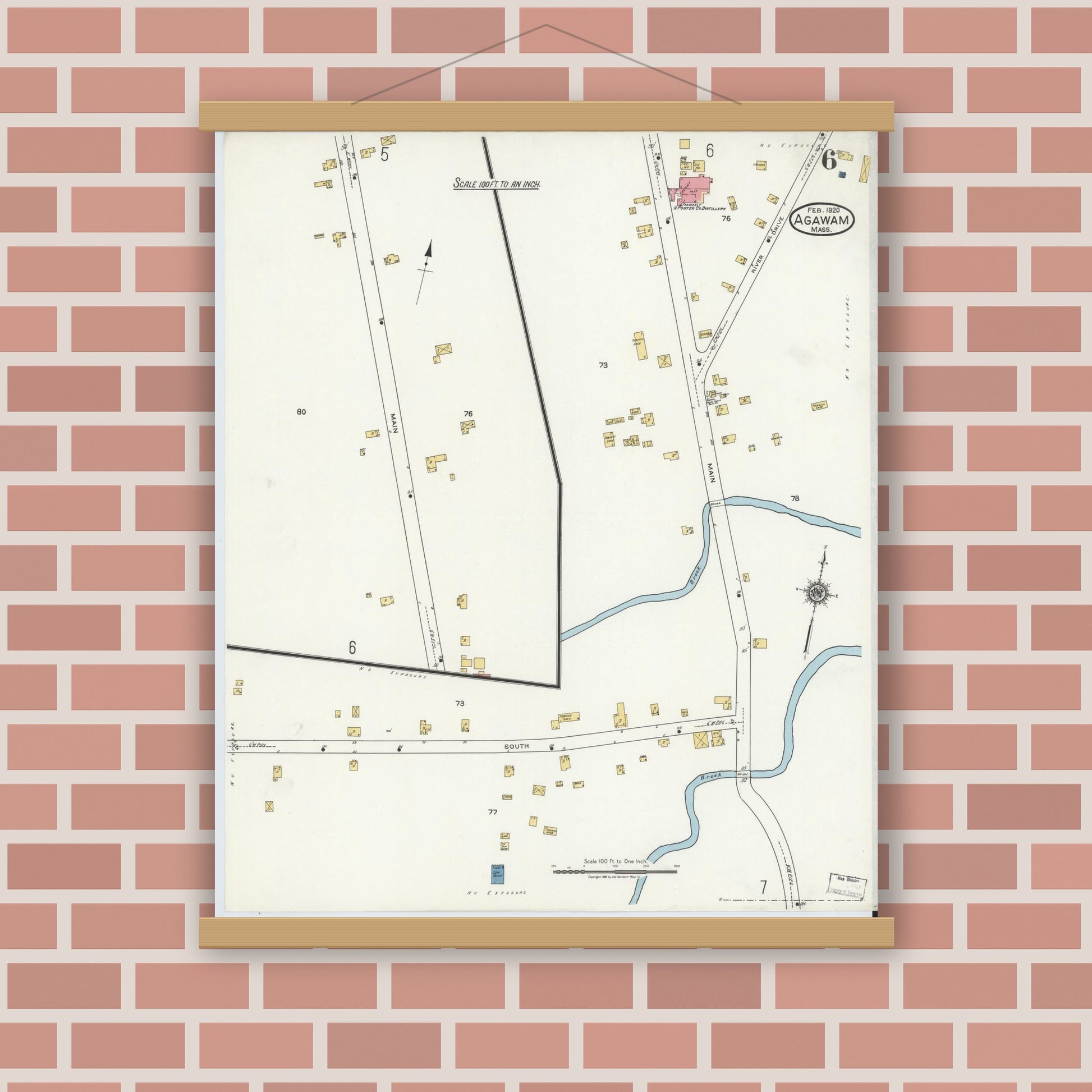 Old map wall art mockup — magnetic wood frame on brick wall — Sanborn Fire Insurance Map from Agawam, Hampden County, Massachusetts (1920), Sheet #0006