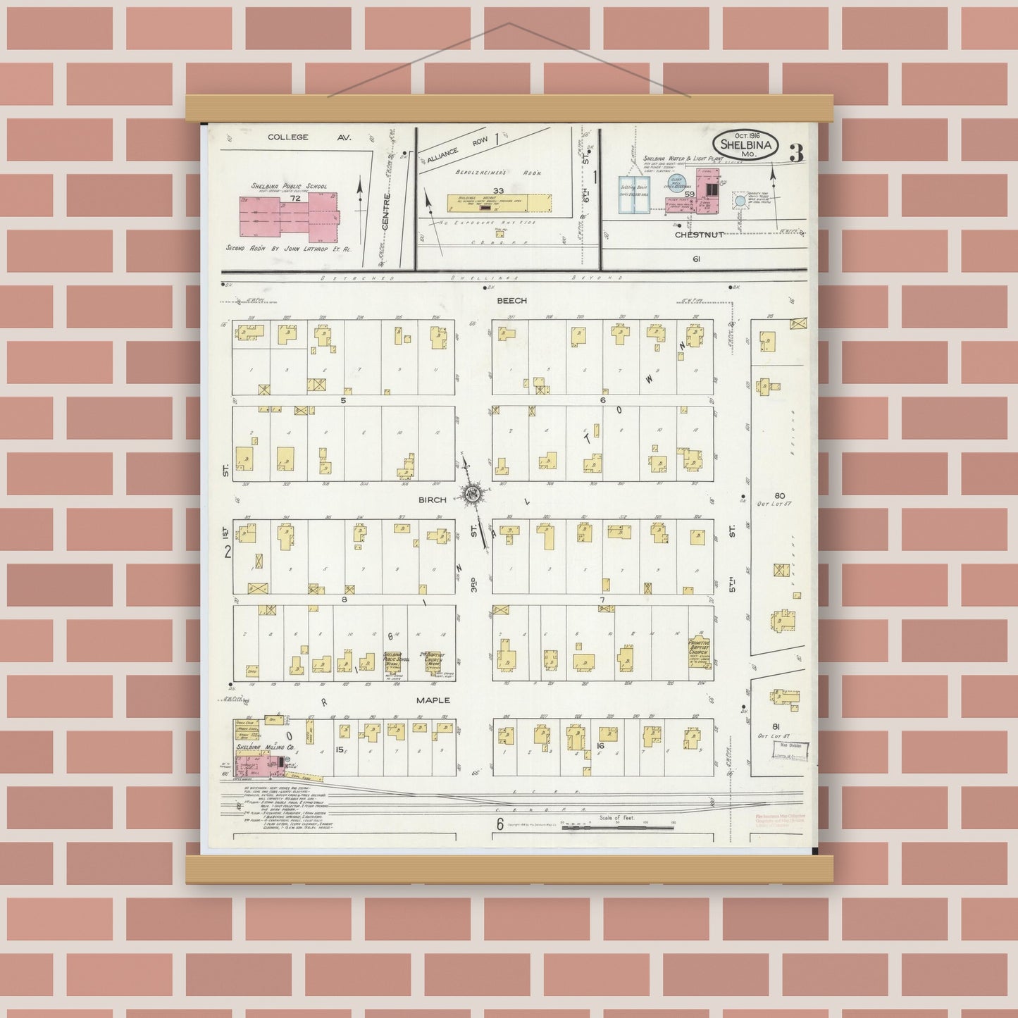 Old map wall art mockup — magnetic wood frame on brick wall — Sanborn Fire Insurance Map from Shelbina, Shelby County, Missouri (1916), Sheet #0003