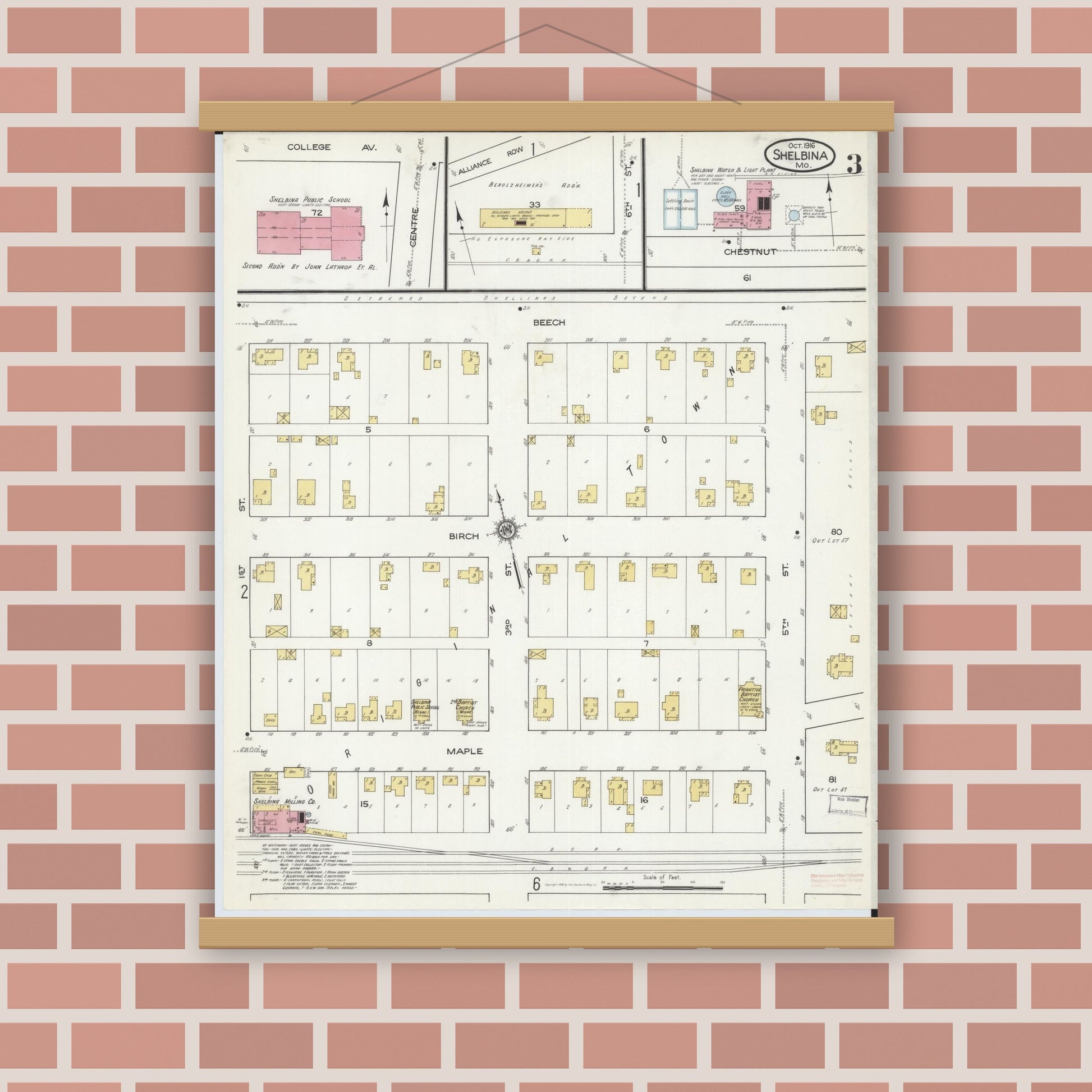 Old map wall art mockup — magnetic wood frame on brick wall — Sanborn Fire Insurance Map from Shelbina, Shelby County, Missouri (1916), Sheet #0003