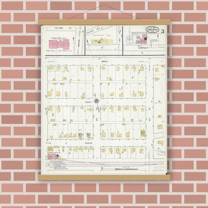 Old map wall art mockup — magnetic wood frame on brick wall — Sanborn Fire Insurance Map from Shelbina, Shelby County, Missouri (1916), Sheet #0003