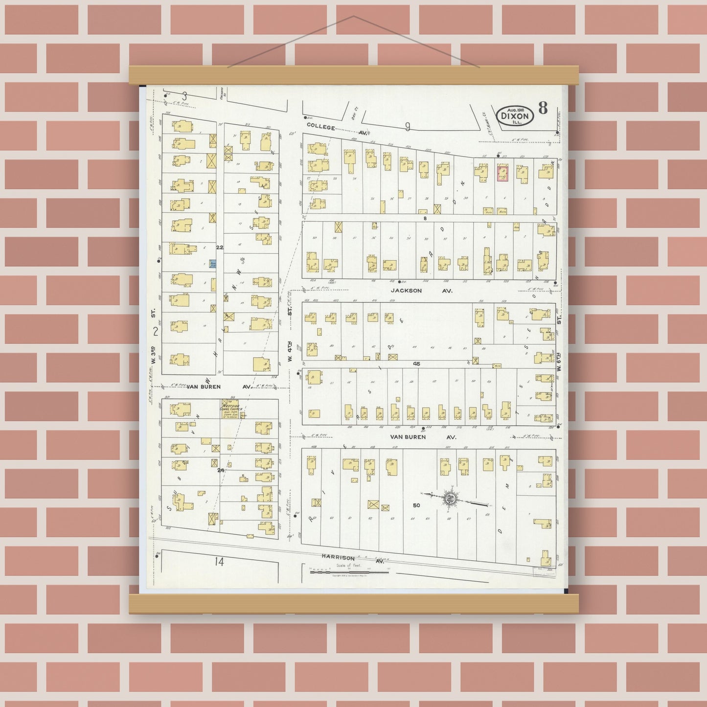 Old map wall art mockup — magnetic wood frame on brick wall — Sanborn Fire Insurance Map from Dixon, Lee County, Illinois (1918), Sheet #0008
