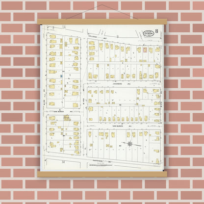Old map wall art mockup — magnetic wood frame on brick wall — Sanborn Fire Insurance Map from Dixon, Lee County, Illinois (1918), Sheet #0008