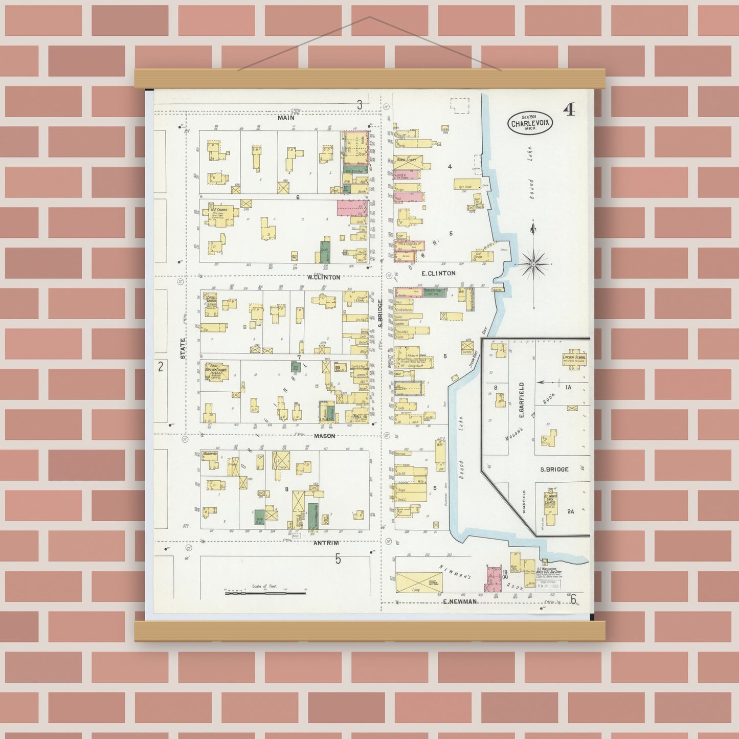 Old map wall art mockup — magnetic wood frame on brick wall — Sanborn Fire Insurance Map from Charlevoix, Charlevoix County, Michigan (1901), Sheet #0004