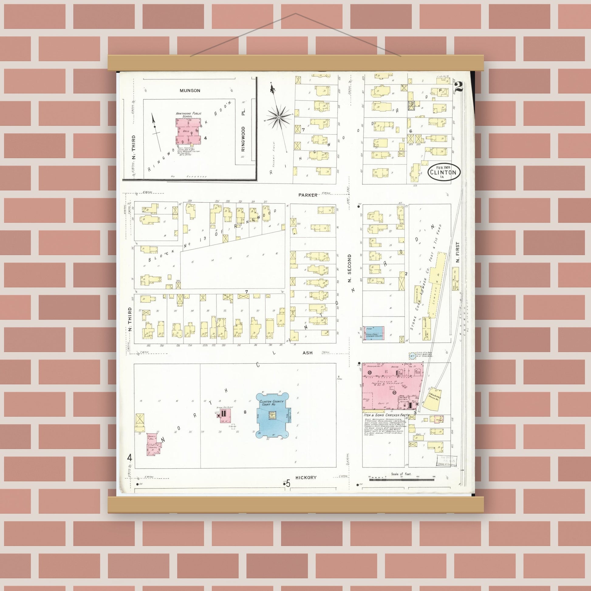 Old map wall art mockup — magnetic wood frame on brick wall — Sanborn Fire Insurance Map from Clinton, Clinton County, Iowa (1909), Sheet #0002