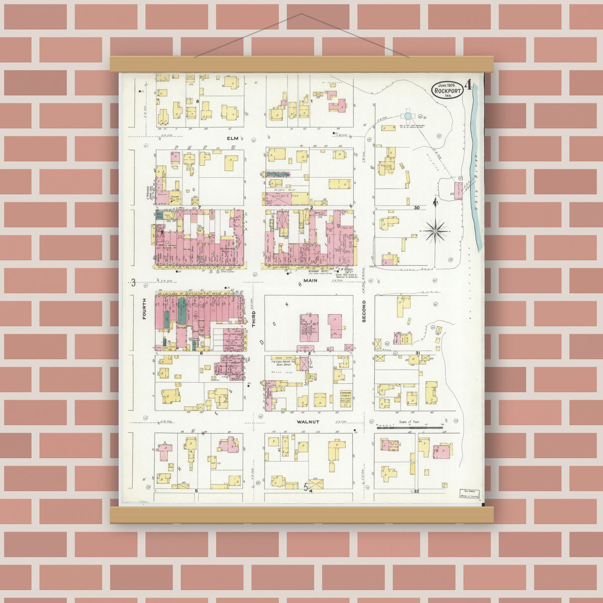 Old map wall art mockup — magnetic wood frame on brick wall — Sanborn Fire Insurance Map from Rockport, Spencer County, Indiana (1909), Sheet #0004