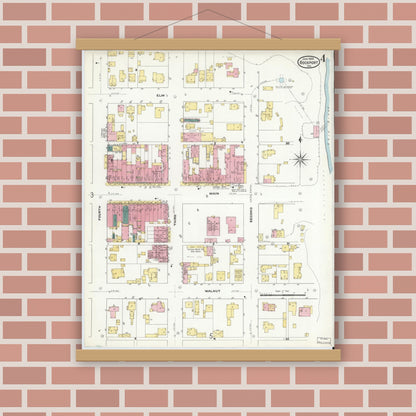Old map wall art mockup — magnetic wood frame on brick wall — Sanborn Fire Insurance Map from Rockport, Spencer County, Indiana (1909), Sheet #0004
