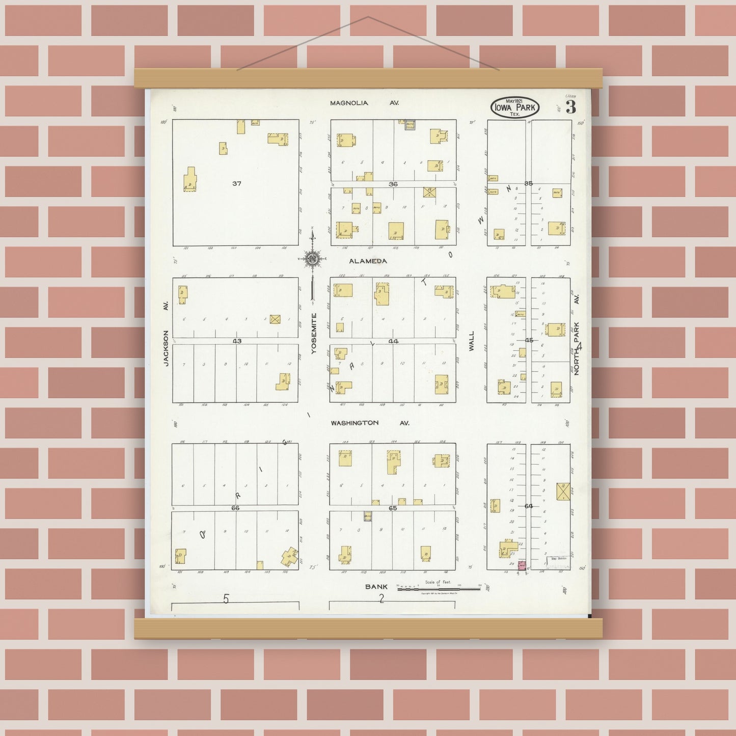 Old map wall art mockup — magnetic wood frame on brick wall — Sanborn Fire Insurance Map from Iowa Park, Wichita County, Texas (1921), Sheet #0003