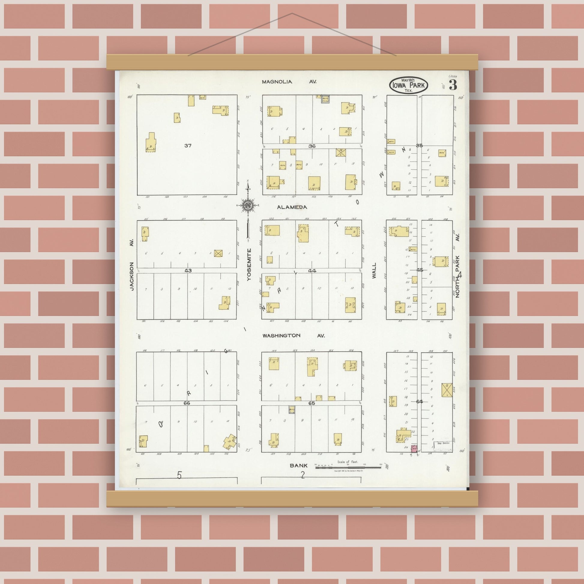 Old map wall art mockup — magnetic wood frame on brick wall — Sanborn Fire Insurance Map from Iowa Park, Wichita County, Texas (1921), Sheet #0003