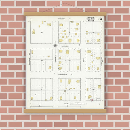 Old map wall art mockup — magnetic wood frame on brick wall — Sanborn Fire Insurance Map from Iowa Park, Wichita County, Texas (1921), Sheet #0003