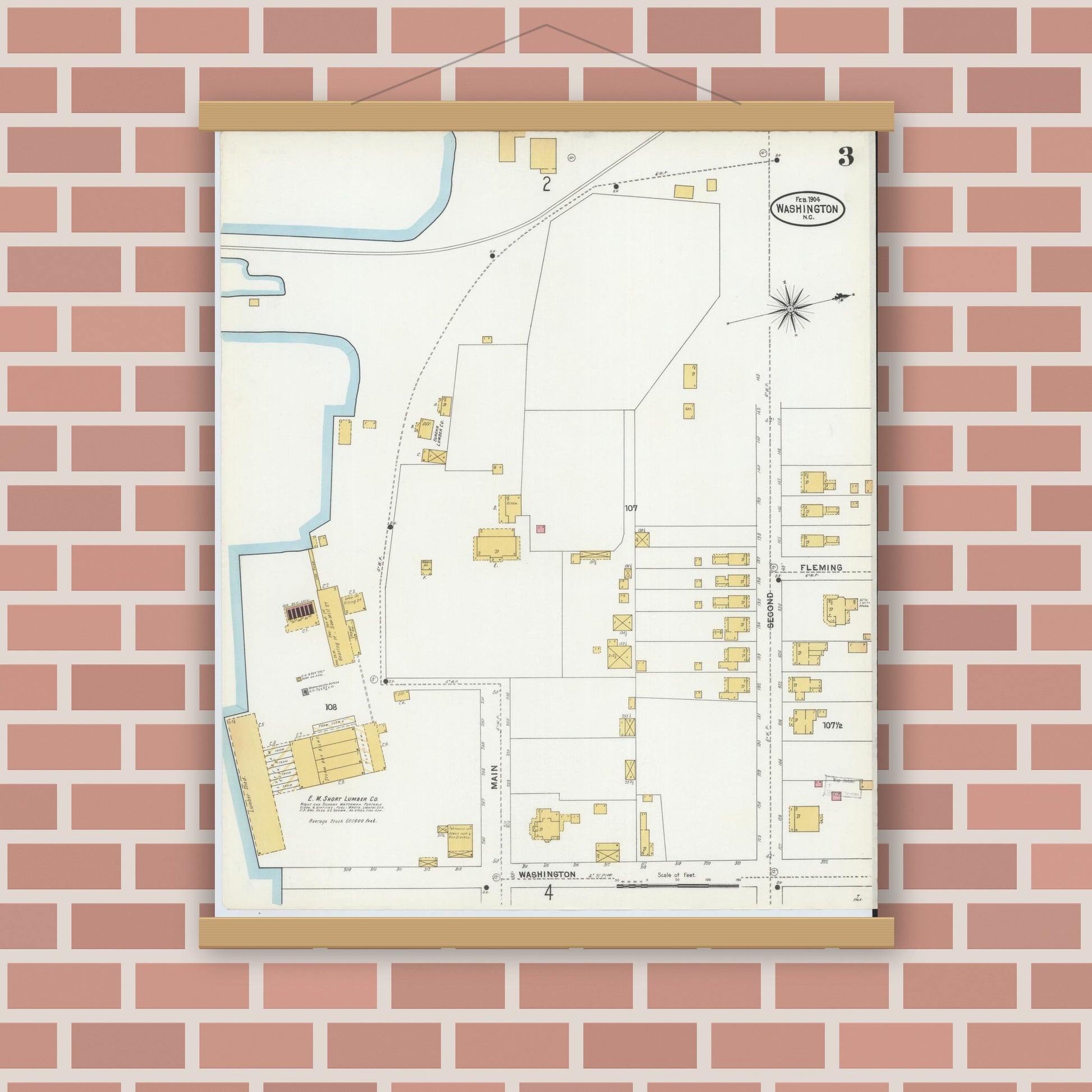 Old map wall art mockup — magnetic wood frame on brick wall — Sanborn Fire Insurance Map from Washington, Beaufort County, North Carolina (1904), Sheet #0003