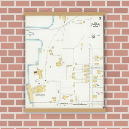 Old map wall art mockup — magnetic wood frame on brick wall — Sanborn Fire Insurance Map from Washington, Beaufort County, North Carolina (1904), Sheet #0003