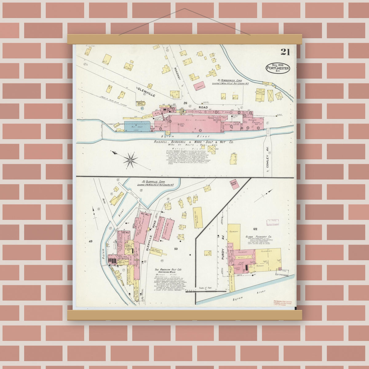 Old map wall art mockup — magnetic wood frame on brick wall — Sanborn Fire Insurance Map from Port Chester, Westchester County, New York (1908), Sheet #0021