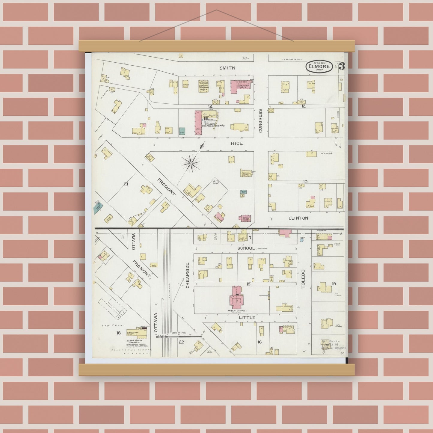 Old map wall art mockup — magnetic wood frame on brick wall — Sanborn Fire Insurance Map from Elmore, Ottawa County, Ohio (1893), Sheet #0003