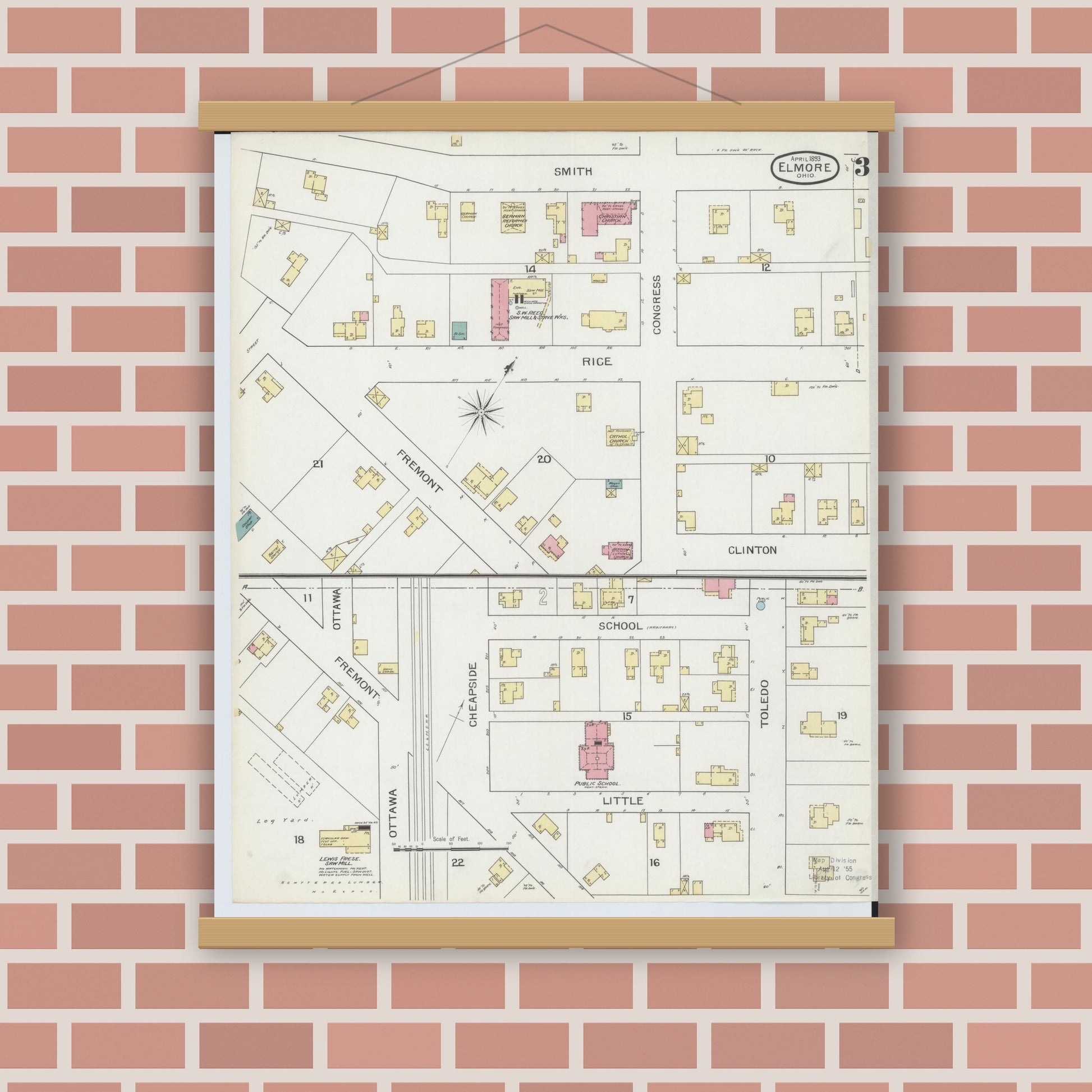 Old map wall art mockup — magnetic wood frame on brick wall — Sanborn Fire Insurance Map from Elmore, Ottawa County, Ohio (1893), Sheet #0003
