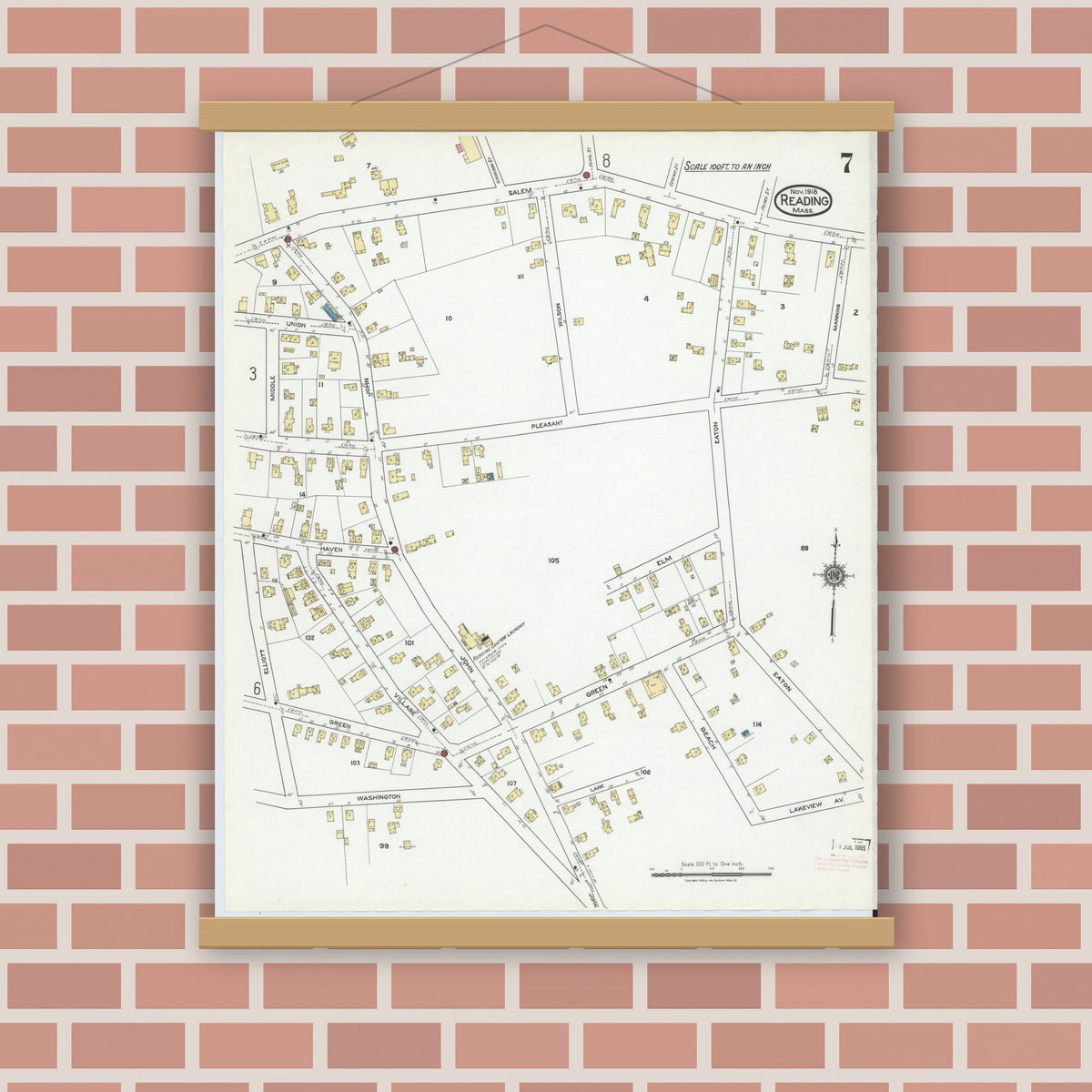 Old map wall art mockup — magnetic wood frame on brick wall — Sanborn Fire Insurance Map from Reading, Middlesex County, Massachusetts (1918), Sheet #0007