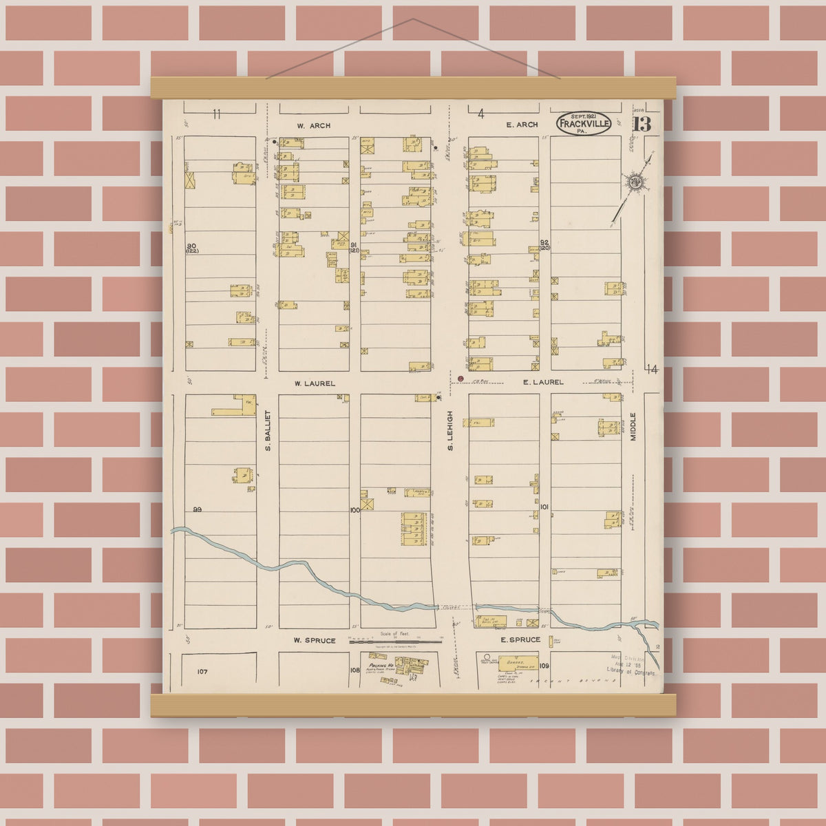 Old map wall art mockup — magnetic wood frame on brick wall — Sanborn Fire Insurance Map from Frackville, Schuylkill County, Pennsylvania (1921), Sheet #0013