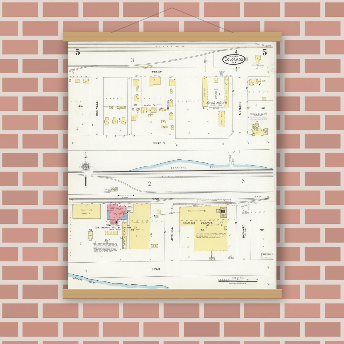Old map wall art mockup — magnetic wood frame on brick wall — Sanborn Fire Insurance Map from Colorado, Mitchell County, Texas (1925), Sheet #0005