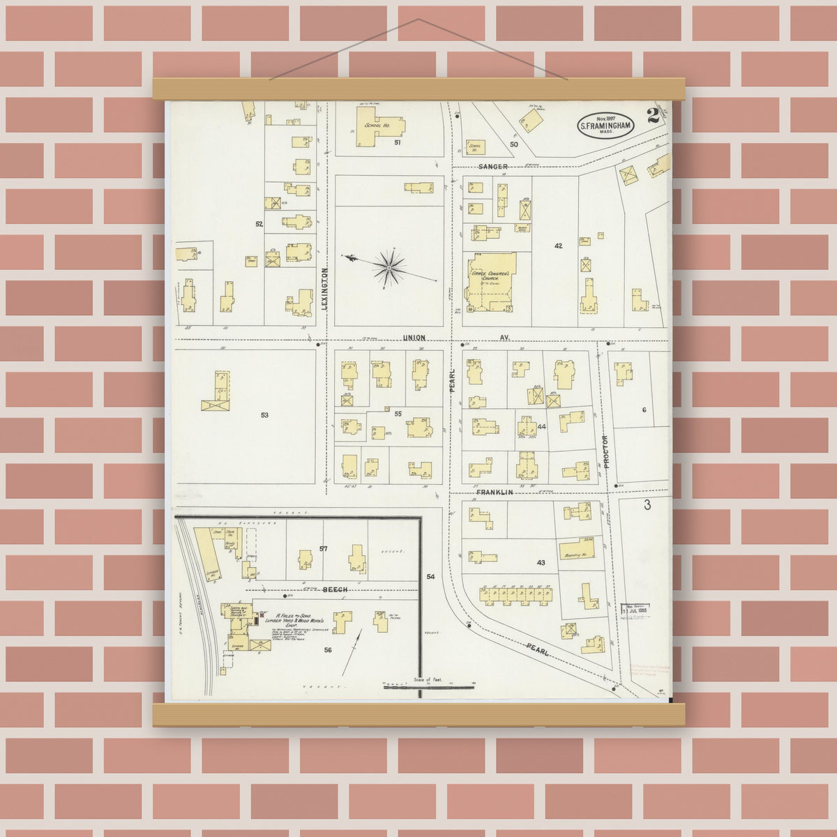 Old map wall art mockup — magnetic wood frame on brick wall — Sanborn Fire Insurance Map from South Farmington, Middlesex County, Massachusetts (1897), Sheet #0002