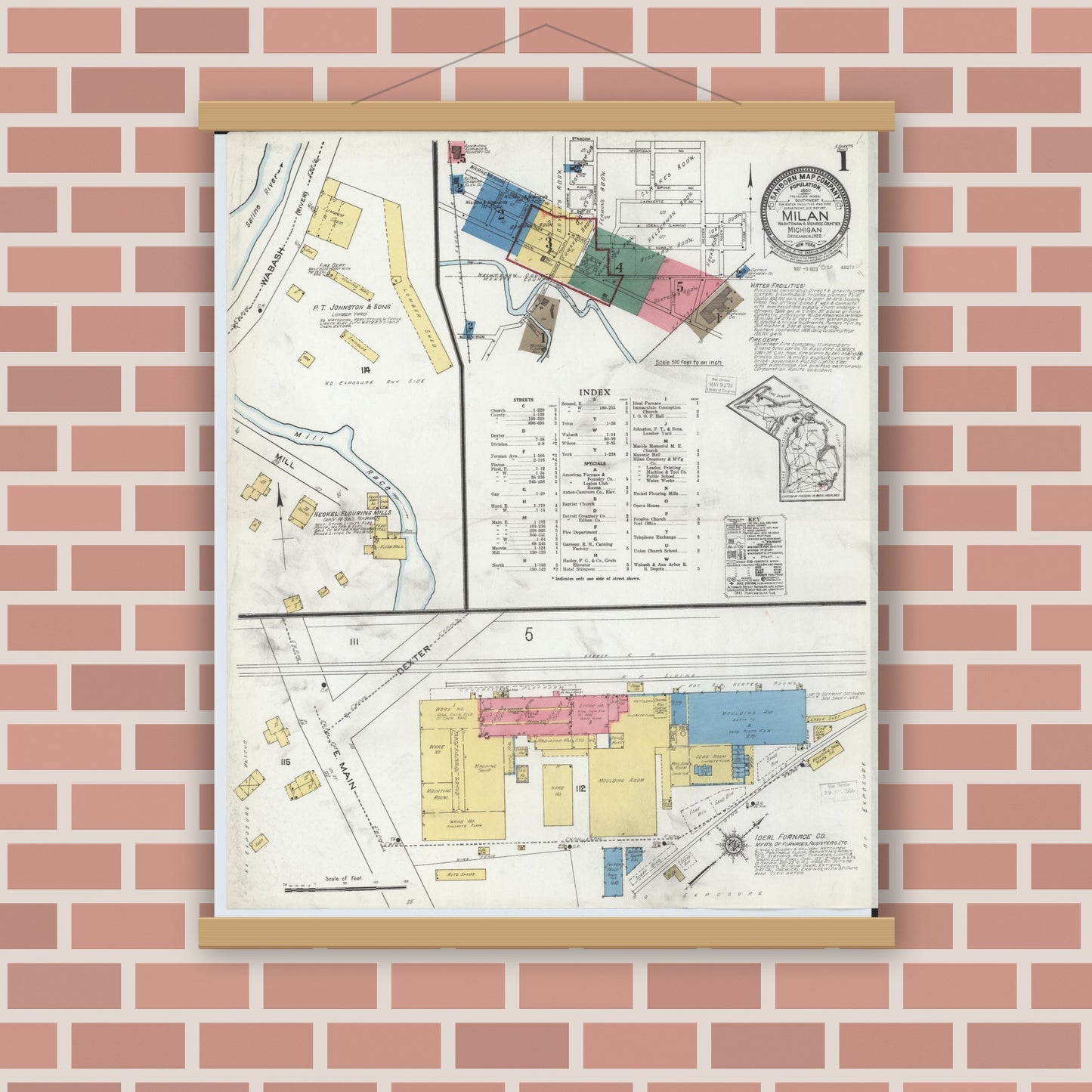 Old map wall art mockup — magnetic wood frame on brick wall — Sanborn Fire Insurance Map from Milan, Washtenaw And Monroe Counties, Michigan (1922) - Complete Map Set