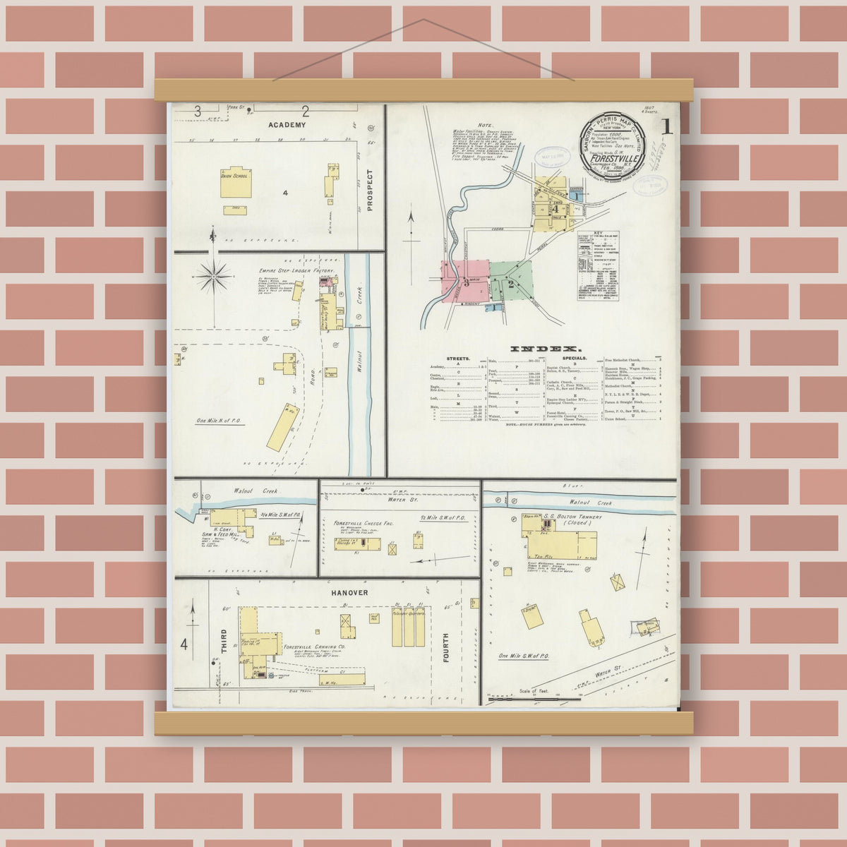 Old map wall art mockup — magnetic wood frame on brick wall — Sanborn Fire Insurance Map from Forestville, Chautauqua County, New York (1898), Sheet #0001