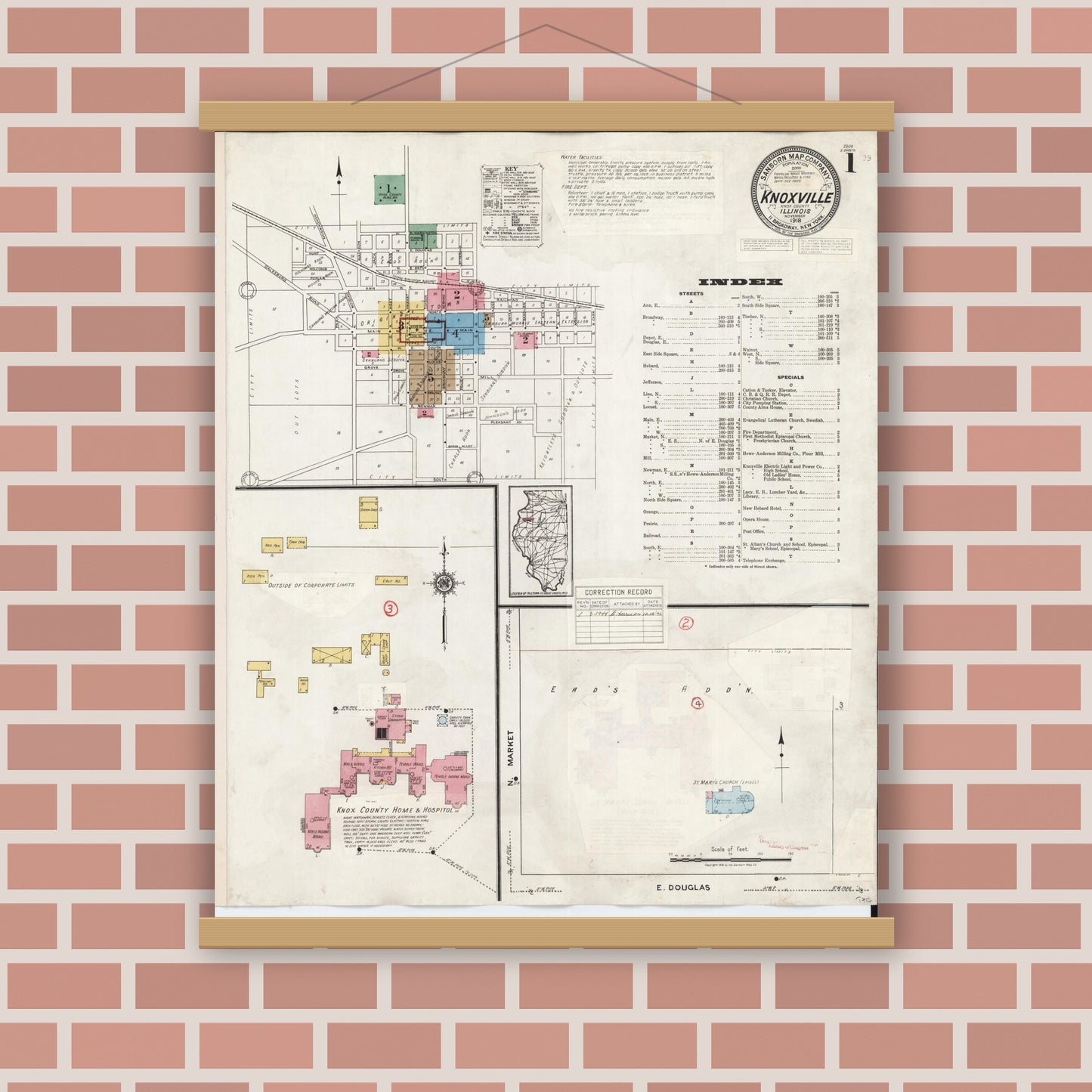 Old map wall art mockup — magnetic wood frame on brick wall — Sanborn Fire Insurance Map from Knoxville, Knox County, Illinois (1944) - Complete Map Set