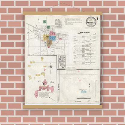 Old map wall art mockup — magnetic wood frame on brick wall — Sanborn Fire Insurance Map from Knoxville, Knox County, Illinois (1944) - Complete Map Set