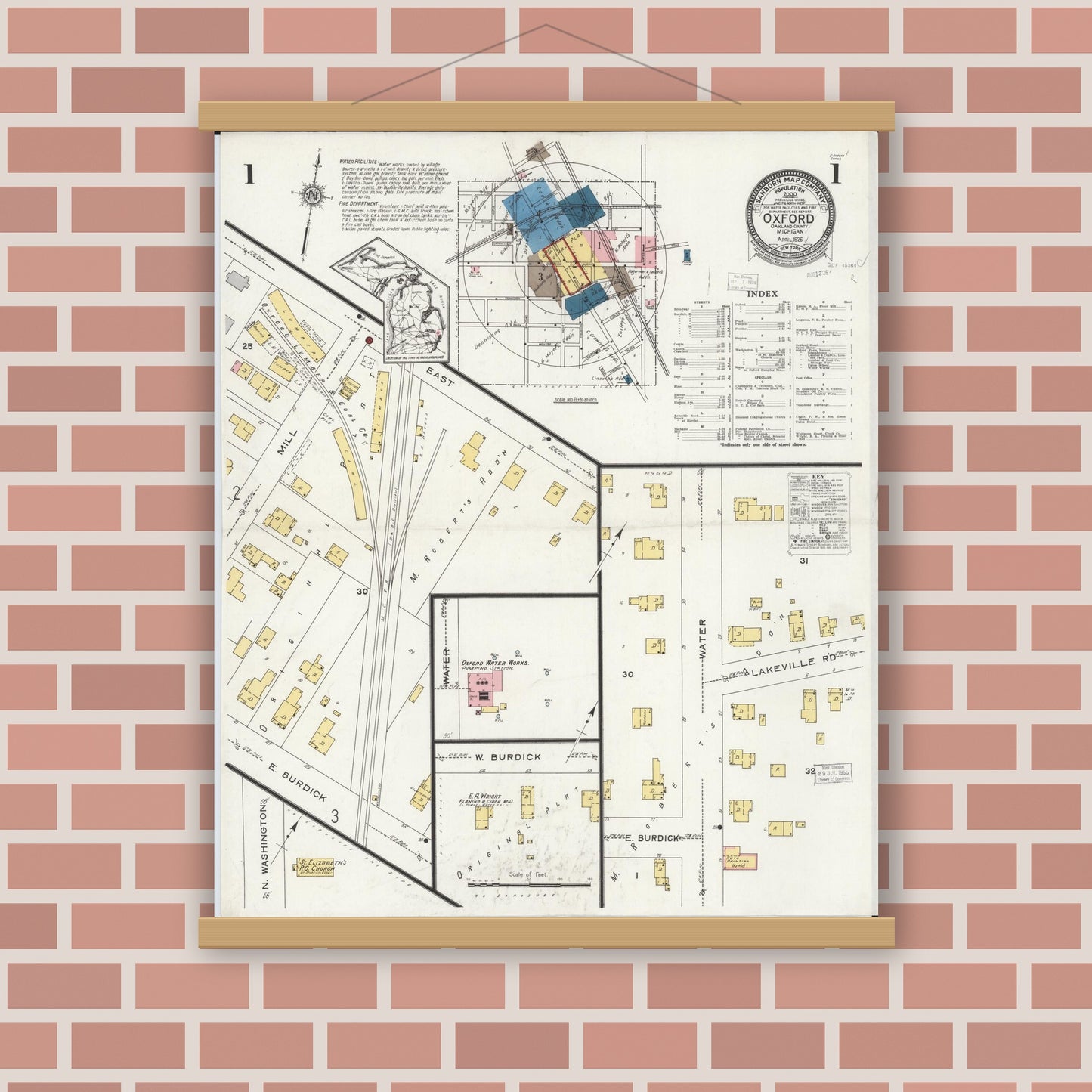 Old map wall art mockup — magnetic wood frame on brick wall — Sanborn Fire Insurance Map from Oxford, Oakland County, Michigan (1926) - Complete Map Set