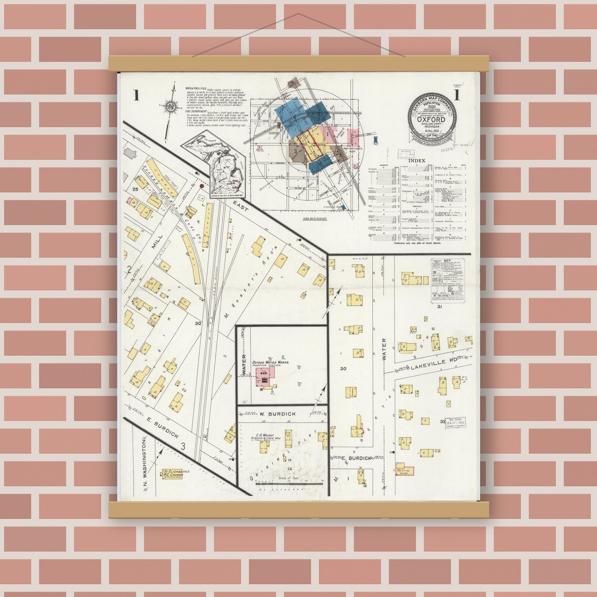 Old map wall art mockup — magnetic wood frame on brick wall — Sanborn Fire Insurance Map from Oxford, Oakland County, Michigan (1926) - Complete Map Set
