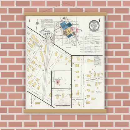 Old map wall art mockup — magnetic wood frame on brick wall — Sanborn Fire Insurance Map from Oxford, Oakland County, Michigan (1926) - Complete Map Set