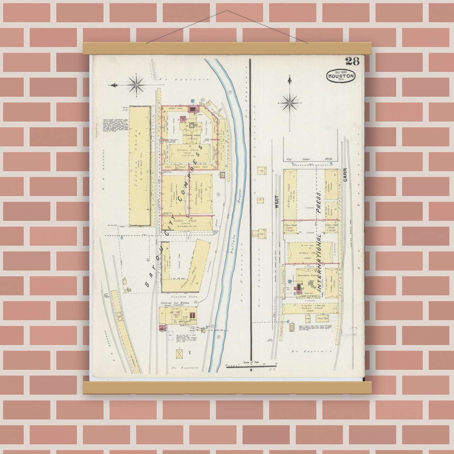 Old map wall art mockup — magnetic wood frame on brick wall — Sanborn Fire Insurance Map from Houston, Harris County, Texas (1890), Sheet #0028