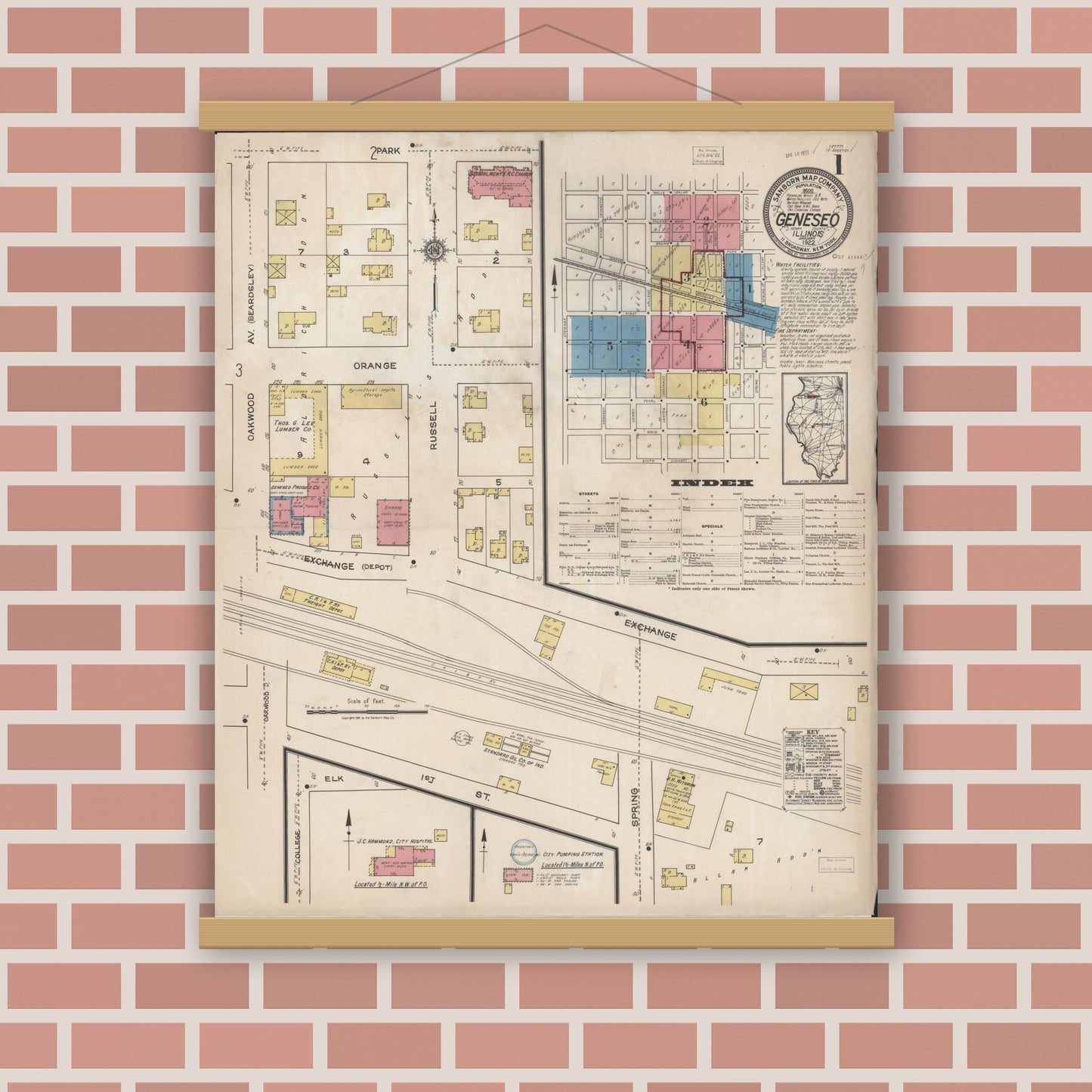 Old map wall art mockup — magnetic wood frame on brick wall — Sanborn Fire Insurance Map from Geneseo, Henry County, Illinois (1922), Sheet #0001