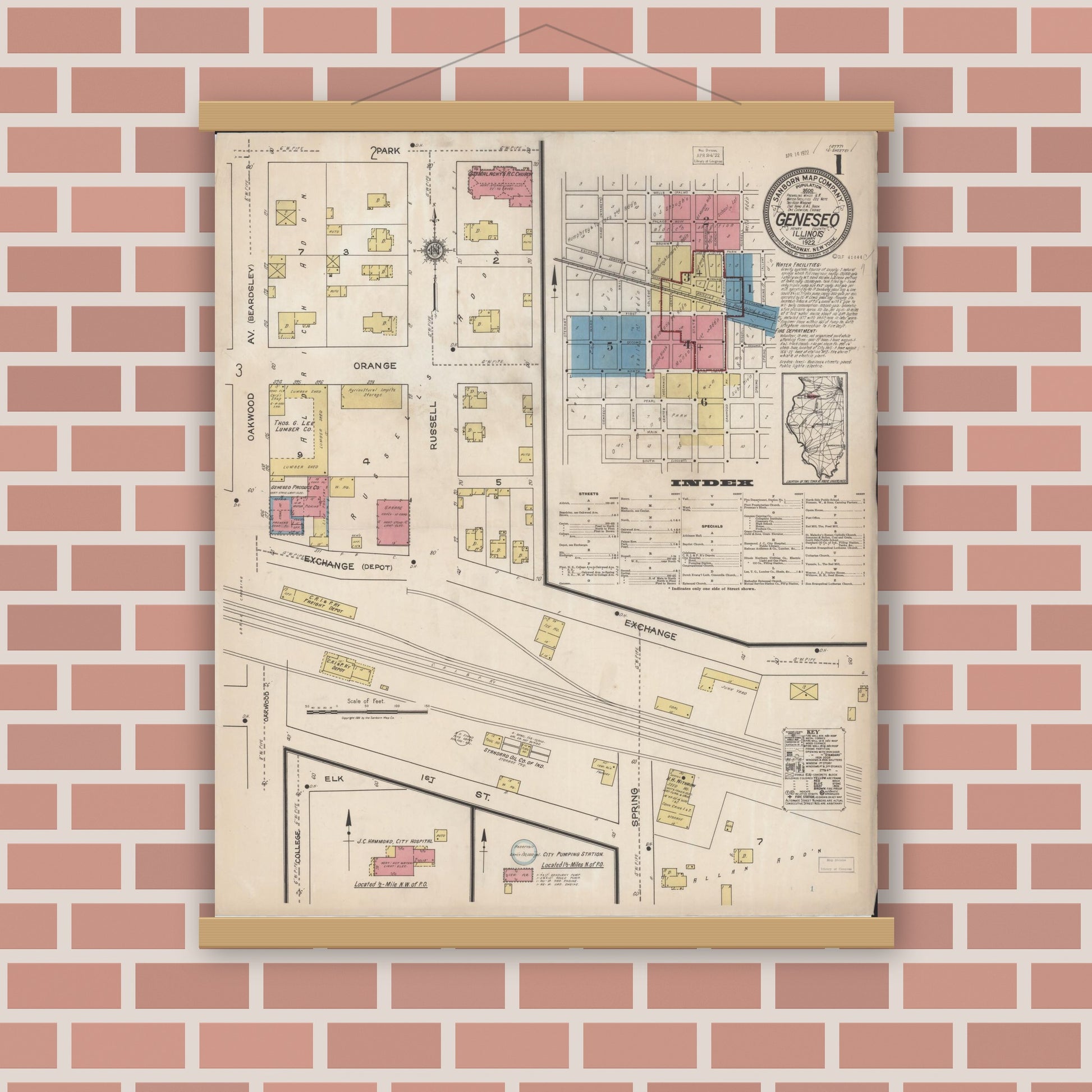 Old map wall art mockup — magnetic wood frame on brick wall — Sanborn Fire Insurance Map from Geneseo, Henry County, Illinois (1922), Sheet #0001