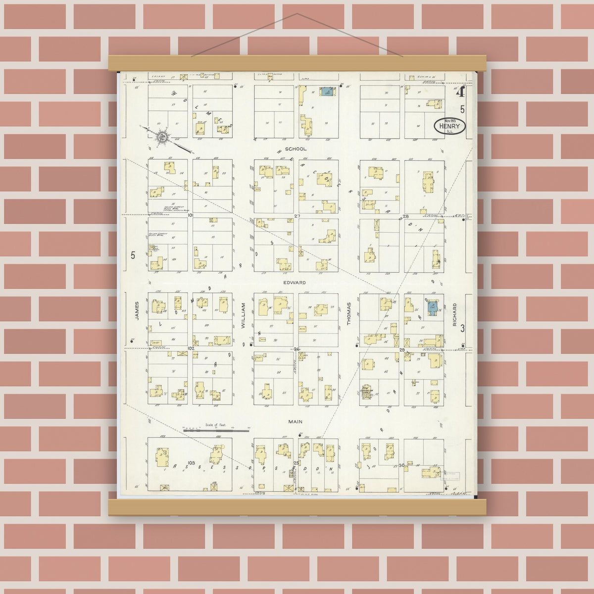 Old map wall art mockup — magnetic wood frame on brick wall — Sanborn Fire Insurance Map from Henry, Marshall County, Illinois (1913), Sheet #0004