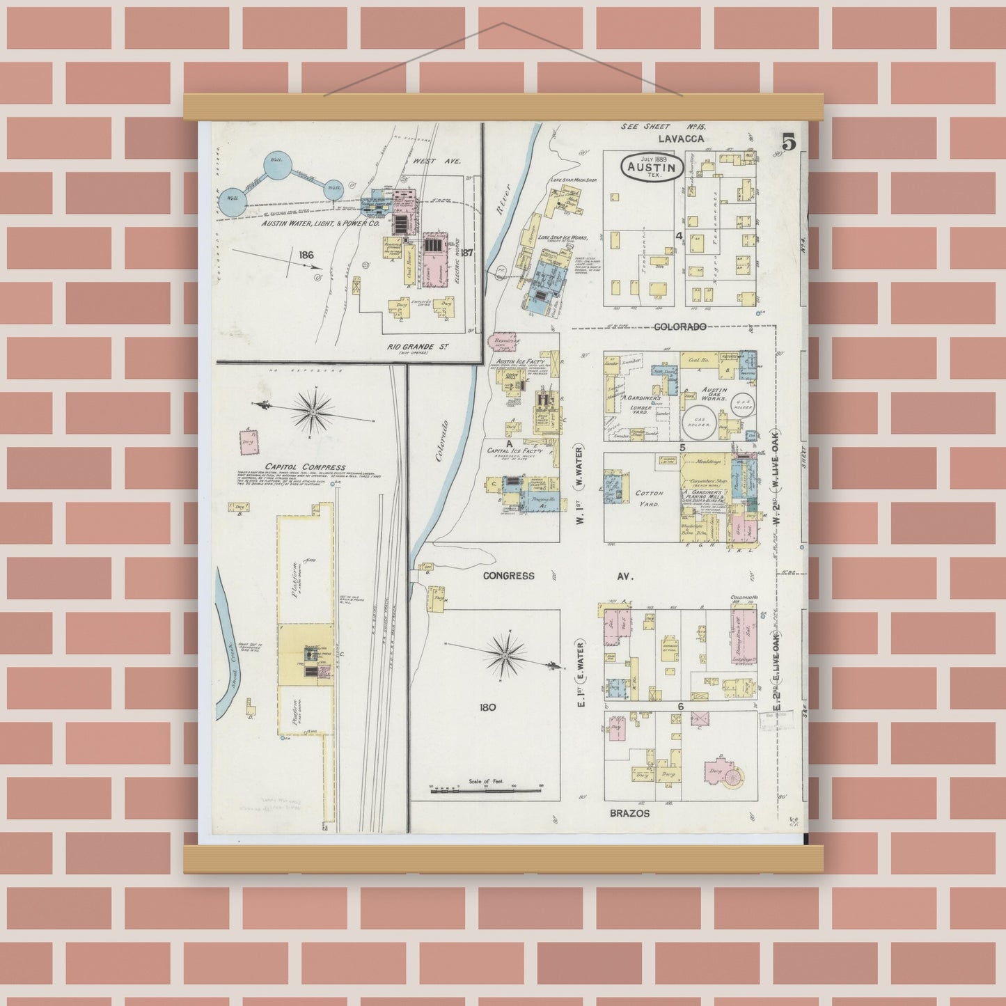 Old map wall art mockup — magnetic wood frame on brick wall — Sanborn Fire Insurance Map from Austin, Travis County, Texas (1889), Sheet #0005