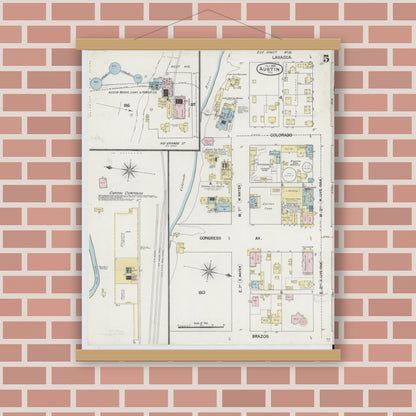 Old map wall art mockup — magnetic wood frame on brick wall — Sanborn Fire Insurance Map from Austin, Travis County, Texas (1889), Sheet #0005