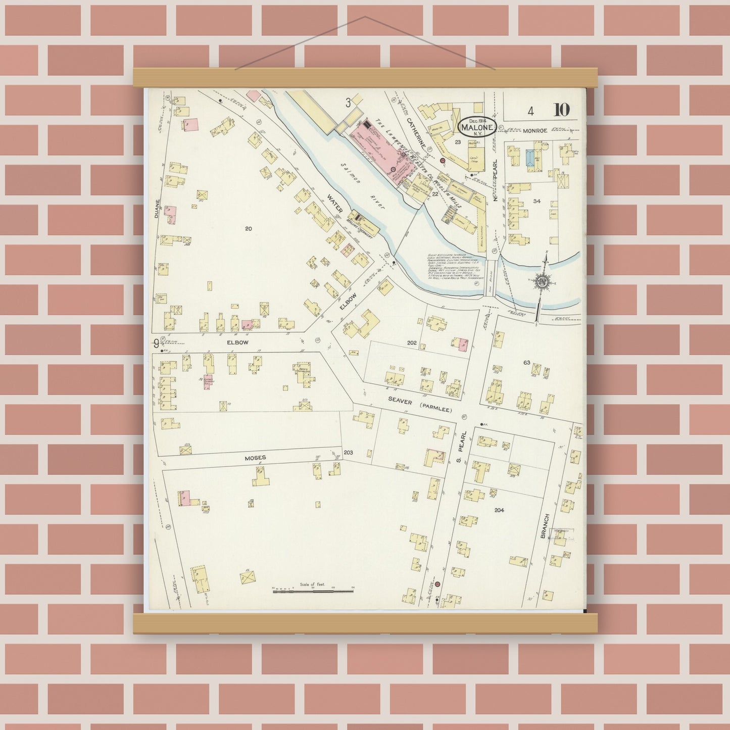 Old map wall art mockup — magnetic wood frame on brick wall — Sanborn Fire Insurance Map from Malone, Franklin County, New York (1914), Sheet #0010