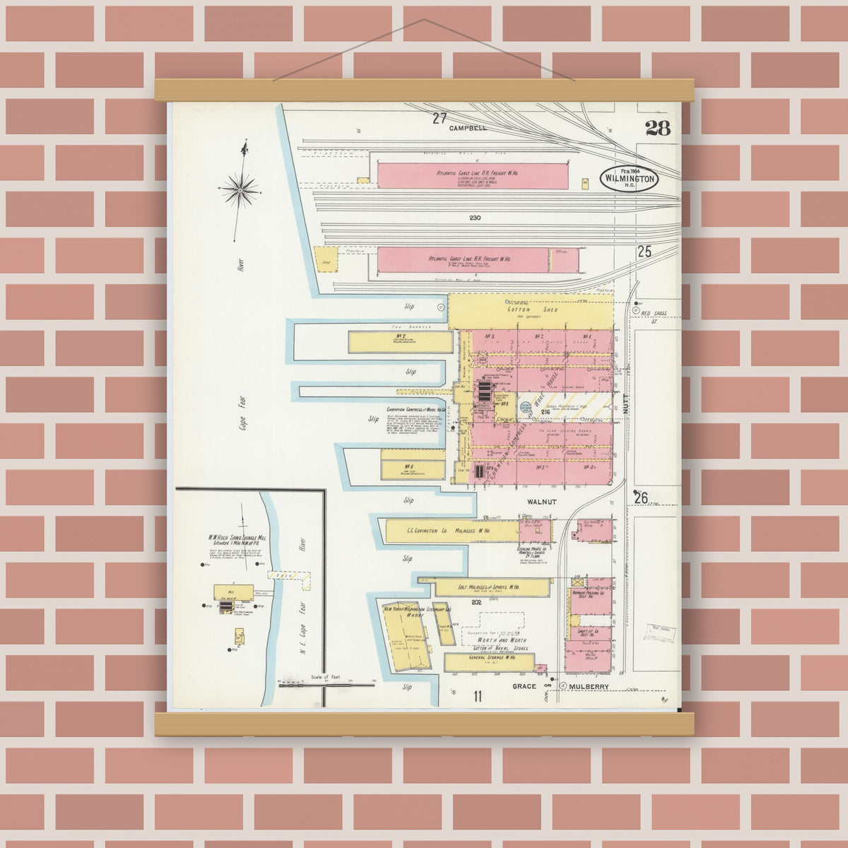 Old map wall art mockup — magnetic wood frame on brick wall — Sanborn Fire Insurance Map from Wilmington, New Hanover County, North Carolina (1904), Sheet #0028