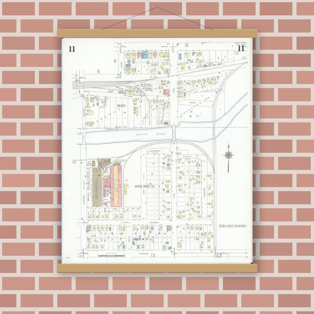 Old map wall art mockup — magnetic wood frame on brick wall — Sanborn Fire Insurance Map from Beloit, Rock County, Wisconsin (1939), Sheet #0011
