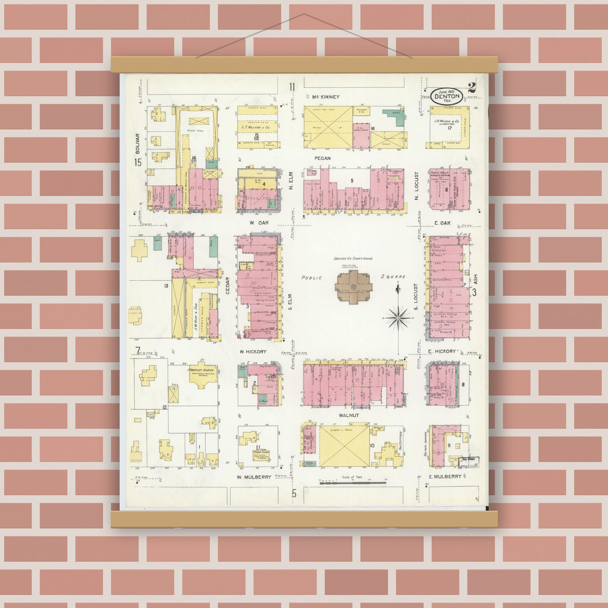 Old map wall art mockup — magnetic wood frame on brick wall — Sanborn Fire Insurance Map from Denton, Denton County, Texas (1907), Sheet #0002